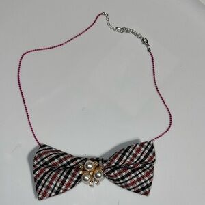 “Dainty Dapper” Plaid Bow Necklace with Pearl Accent